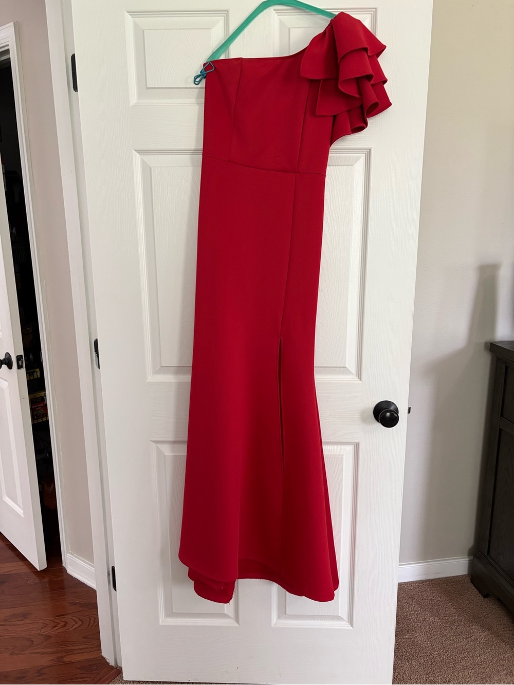 Red One-Shoulder Ruffle Evening Gown